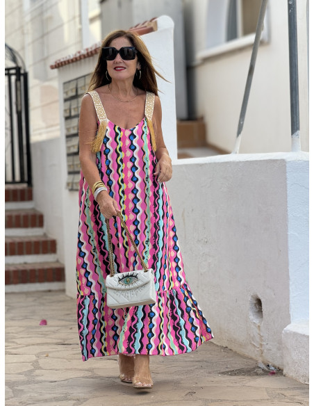 Vestido de Tirantes Bordado con Flecos y Estampado Colorido