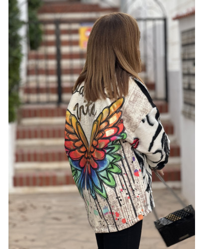 Chaqueta de Lana con Estampado de Caras y Graffiti de...