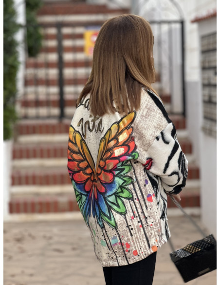 Chaqueta de Lana con Estampado de Caras y Graffiti de Mariposa