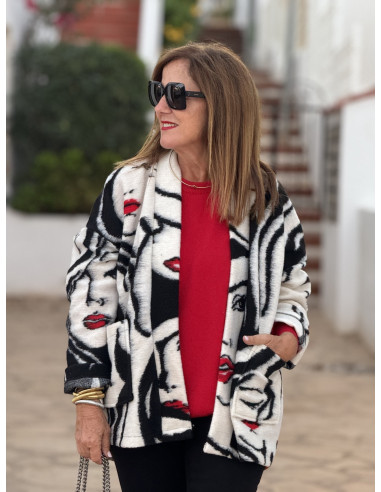 Chaqueta de Lana con Estampado de Caras y...