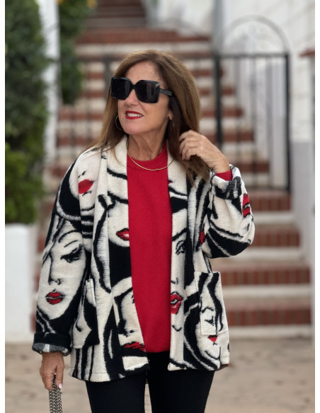 Chaqueta de Lana con Estampado de Caras y Graffiti de Mariposa