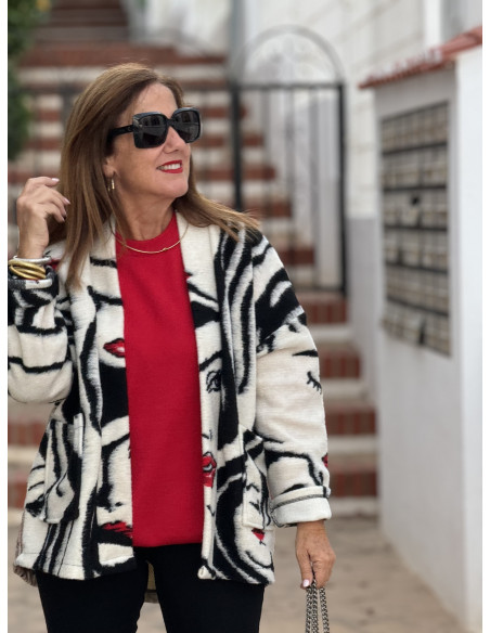 Chaqueta de Lana con Estampado de Caras y Graffiti de Mariposa