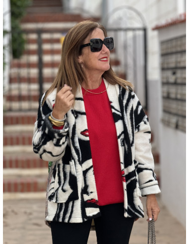 Chaqueta de Lana con Estampado de Caras y...