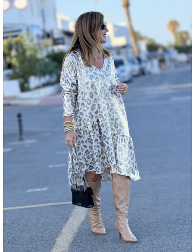 Vestido de Antelina Animal Print Crudo con...