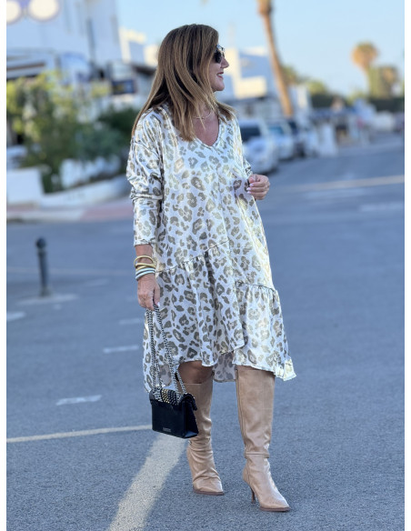 Vestido de Antelina Animal Print Crudo con Efecto Metalizado