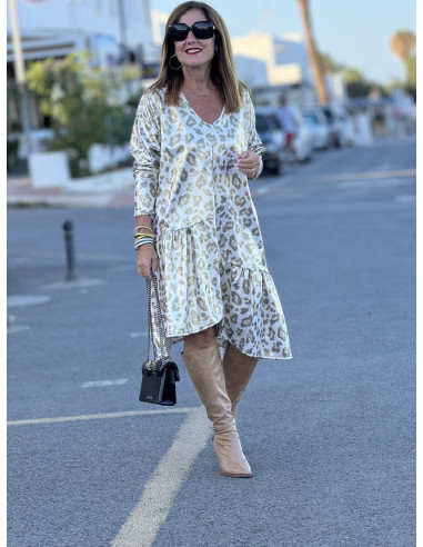 Vestido de Antelina Animal Print Crudo con...