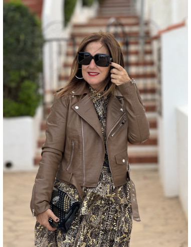 Chaqueta biker efecto piel chocolate