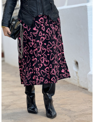 💖 Falda Midi Estampada con Corazones Rosa