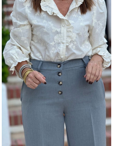 Pantalón gris de talle alto con cierre de...