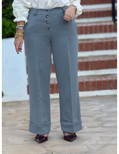 Pantalón gris de talle alto con cierre de...