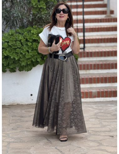 Falda de Tul Negra con Bordado Tostado y...