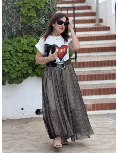 Falda de Tul Negra con Bordado Tostado y...