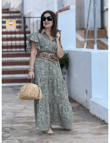Vestido verde bordado con cuello camisero