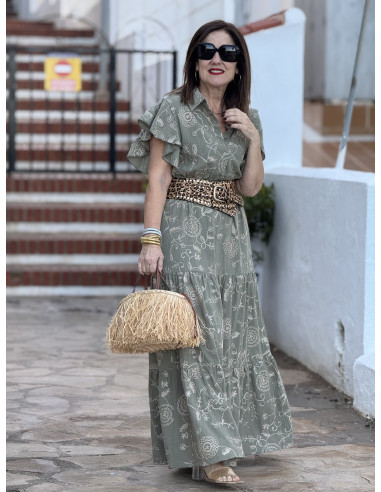 Vestido verde bordado con cuello camisero