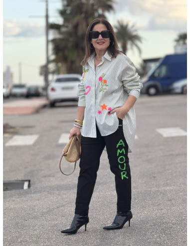 Camisa navy verde y blanca con bordados flúor