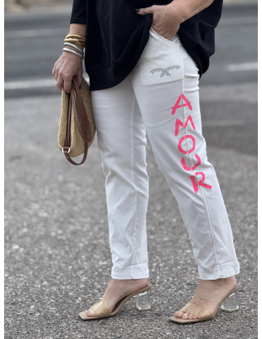 Pantalón blanco elástico "AMOUR" con detalles...