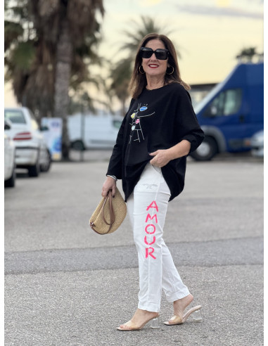 Pantalón blanco elástico "AMOUR" con detalles...