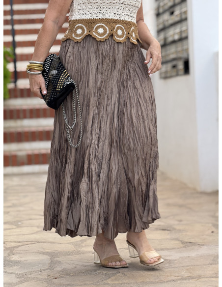 Falda marrón Fluida con Efecto Arrugado y Cintura Elástica