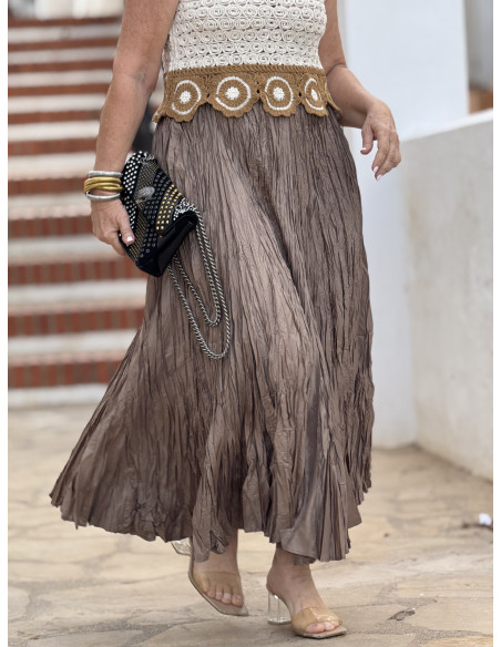 Falda marrón Fluida con Efecto Arrugado y Cintura Elástica