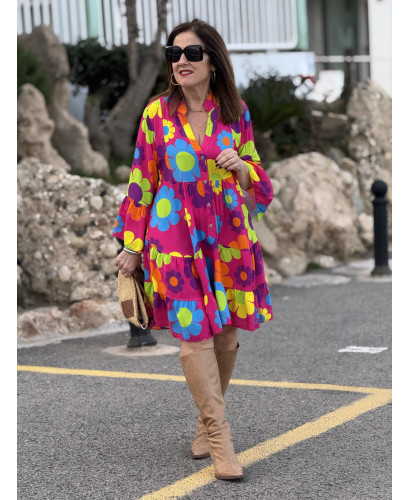 Vestido babydoll corto rosa  con margaritas