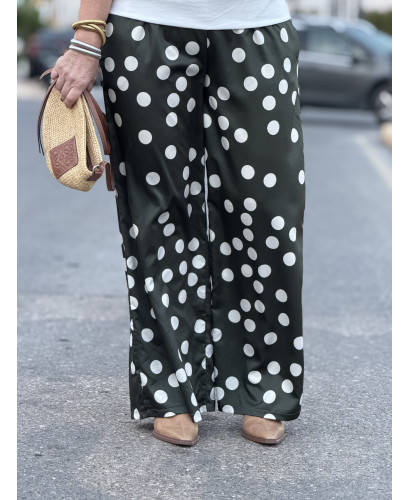 Pantalón verde kaki con lunares blancos y cintura elástica 2