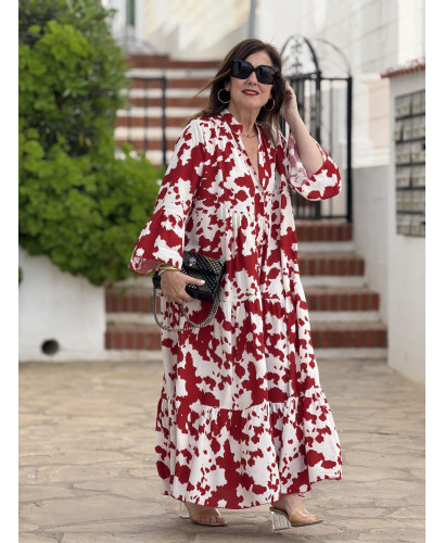 Vestido babydoll blanco y rojo con cuello mao 2