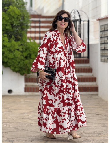 Vestido babydoll blanco y rojo con cuello mao