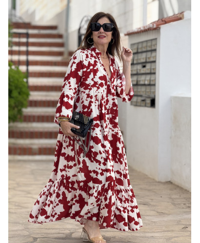 Vestido babydoll blanco y rojo con cuello mao
