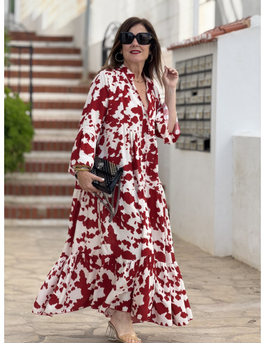 Vestido babydoll blanco y rojo con cuello mao