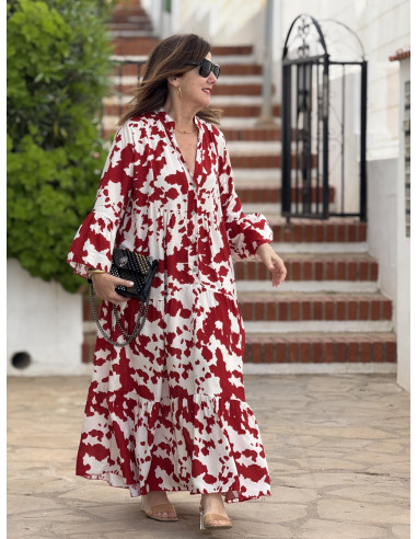 Vestido babydoll blanco y rojo con cuello mao