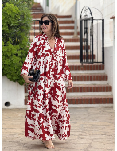Vestido babydoll blanco y rojo con cuello mao