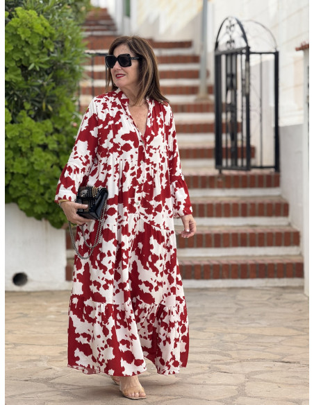 Vestido babydoll blanco y rojo con cuello mao