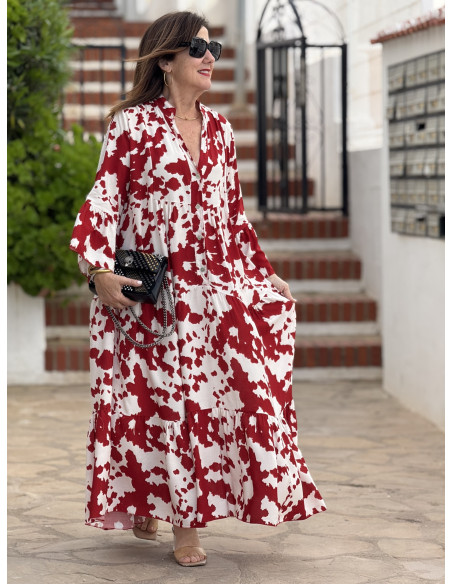 Vestido babydoll blanco y rojo con cuello mao