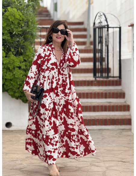 Vestido babydoll blanco y rojo con cuello mao