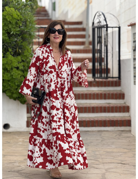 Vestido babydoll blanco y rojo con cuello mao