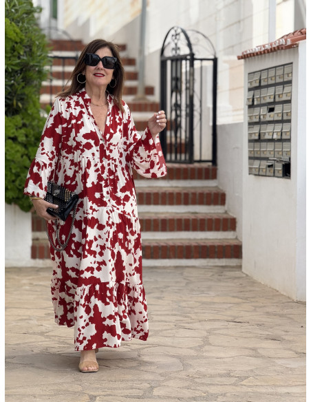 Vestido babydoll blanco y rojo con cuello mao