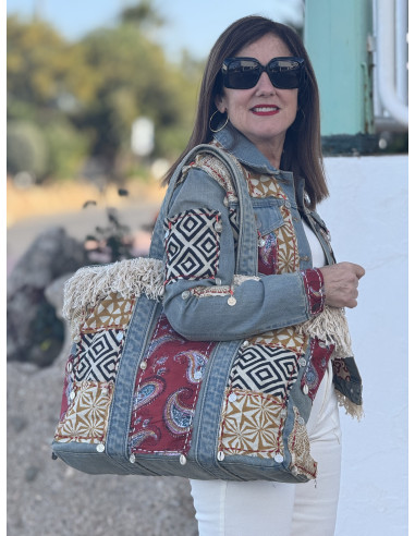 Bolso boho chic denim con flecos, conchas y...