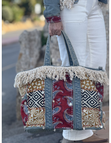 Bolso boho chic denim con flecos, conchas y...