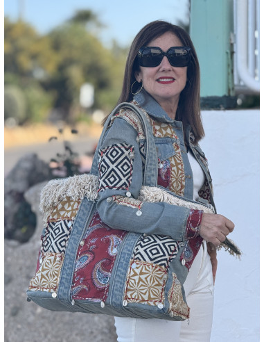 Bolso boho chic denim con flecos, conchas y...