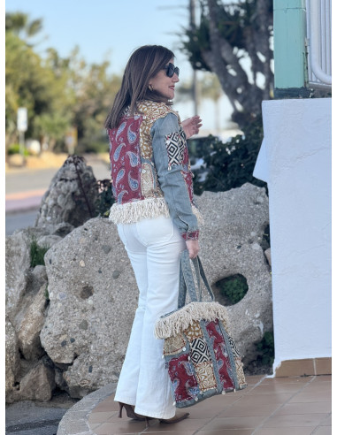 Bolso boho chic denim con flecos, conchas y...