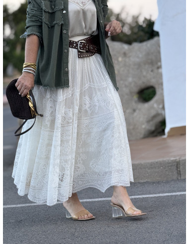 Falda de encaje crudo con forro microplisado y...