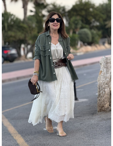 Falda de encaje crudo con forro microplisado y...