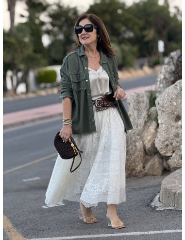 Falda de encaje crudo con forro microplisado y...