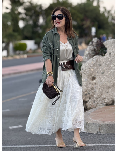 Falda de encaje crudo con forro microplisado y cintura elástica