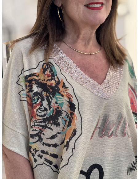 Suéter de punto fino con tigres y detalle de lentejuelas