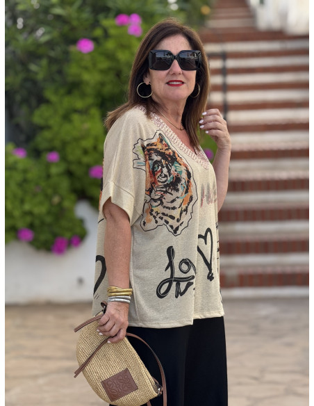 Suéter de punto fino con tigres y detalle de lentejuelas