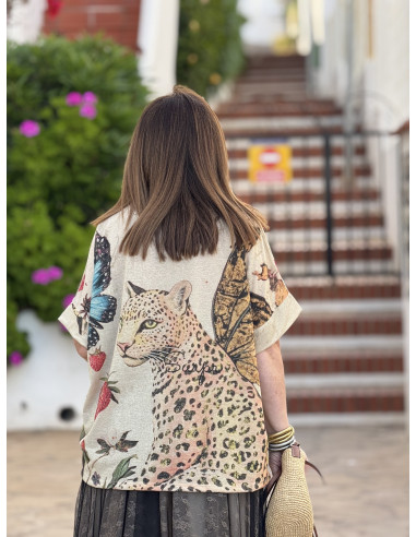 Suéter de punto fino con tigre y mariposa