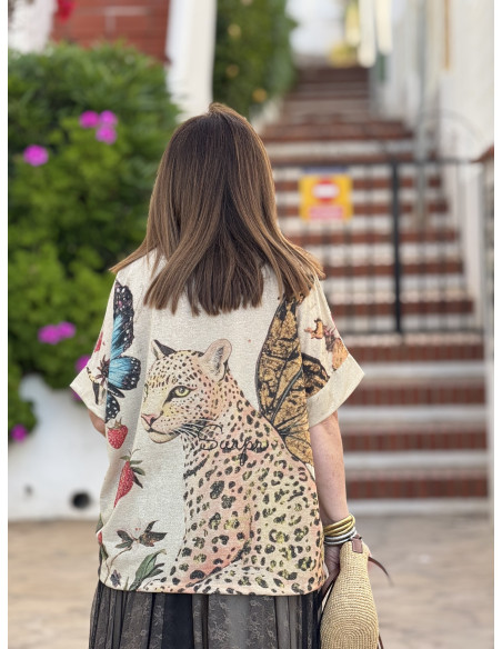 Suéter de punto fino con tigre y mariposa
