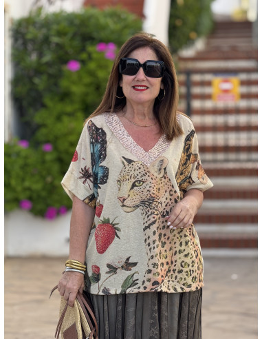 Suéter de punto fino con tigre y mariposa