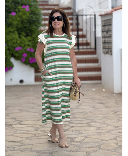 Vestido de franjas verde y crudo con bolsillos y abertura...